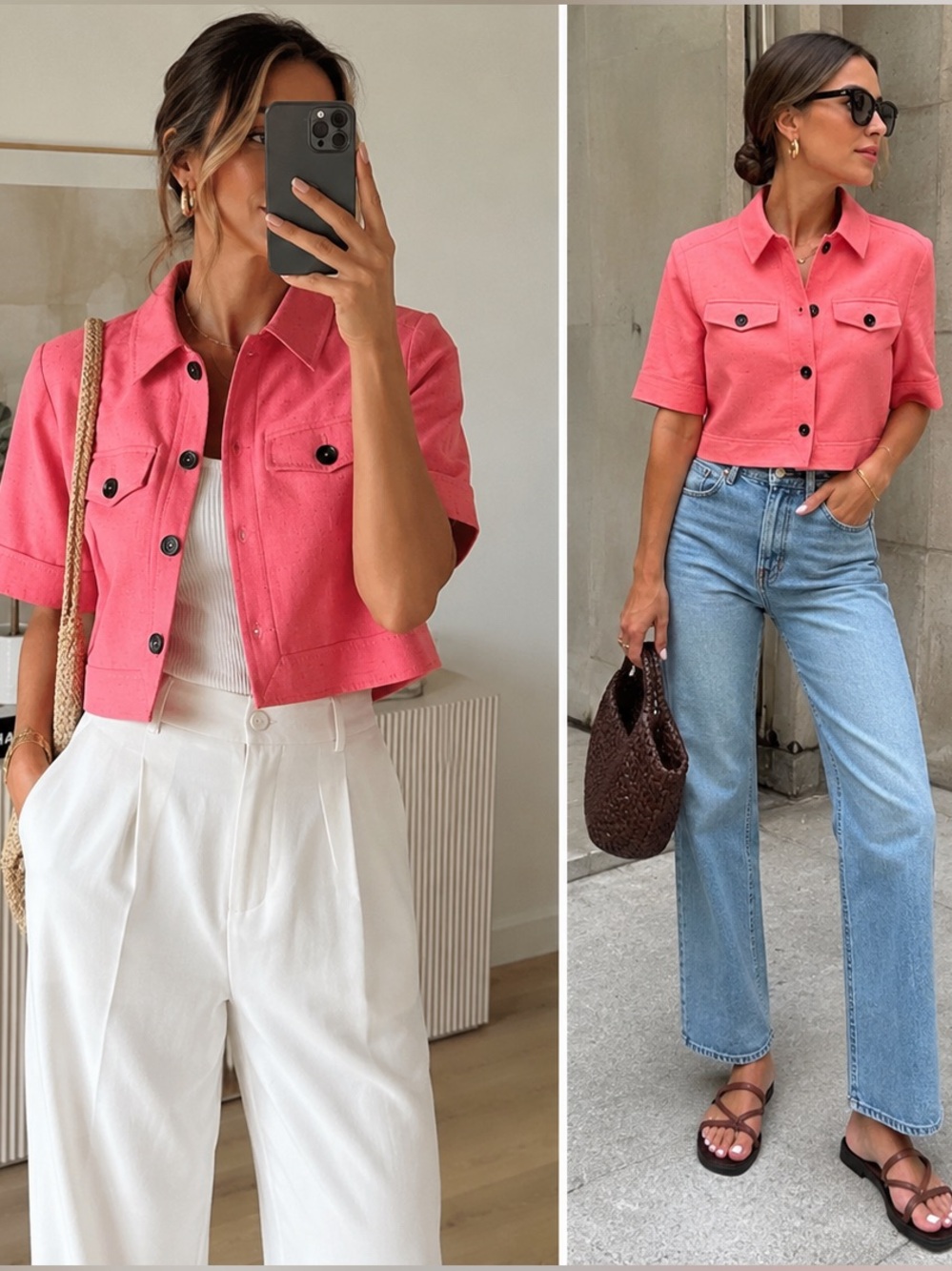 ME+EM Coral Pink Cropped Short Sleeve Jacket US 4 Linen Blend